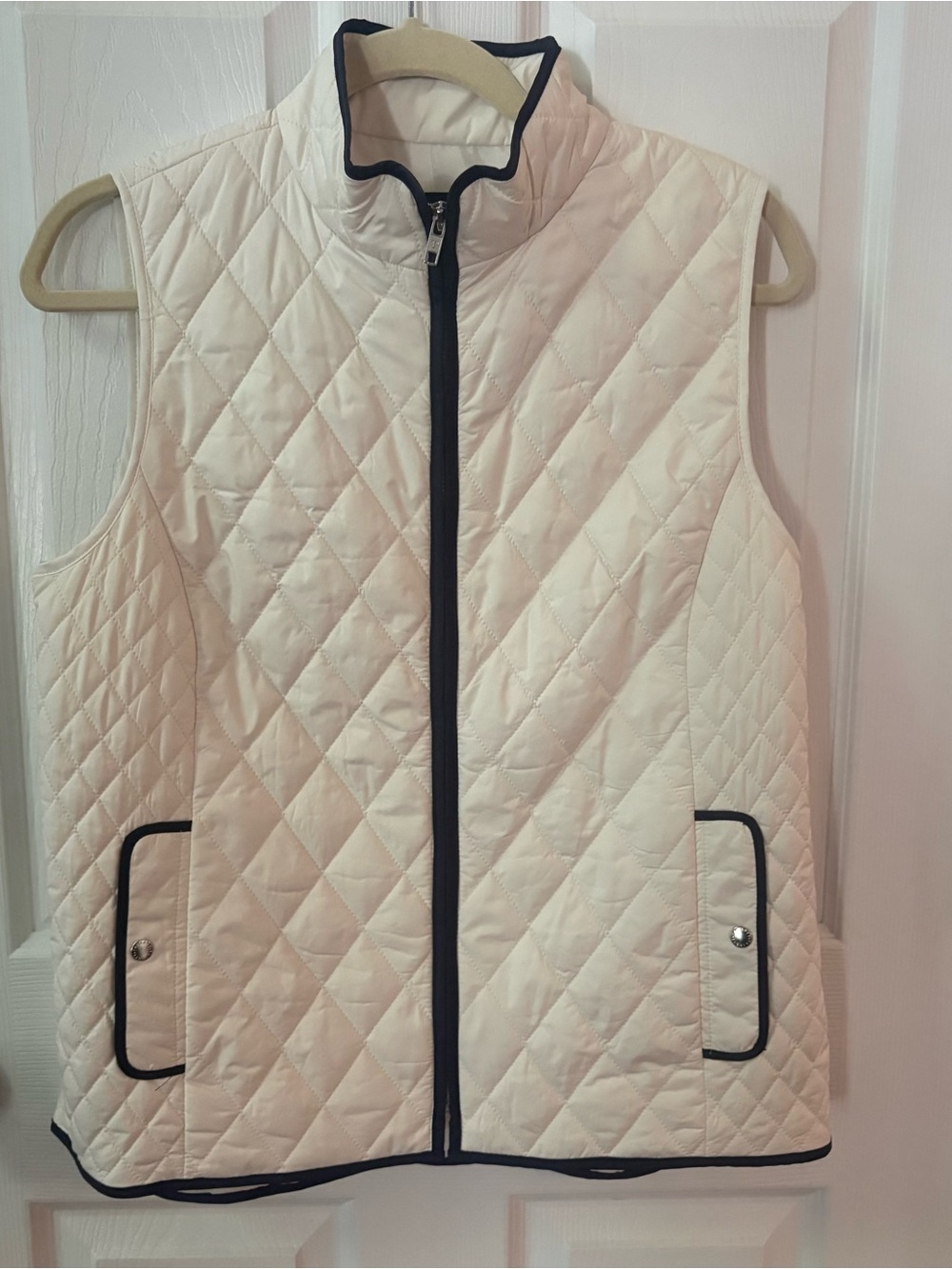 Talbots Cream Quilted Vest with Black Trim